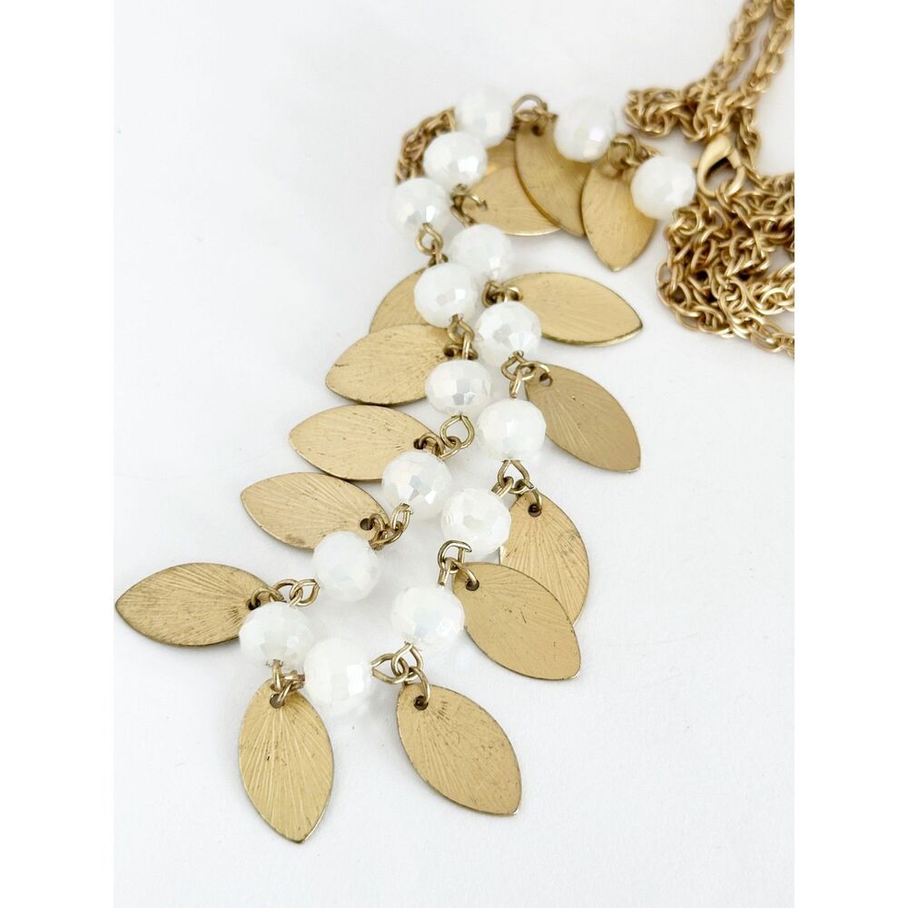 Leaf Shaped Dangle necklace Gold Tone with faceted opalescent beads